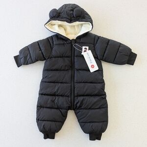 Black Puffer Footie for Kids With Ears, Fleece Lined